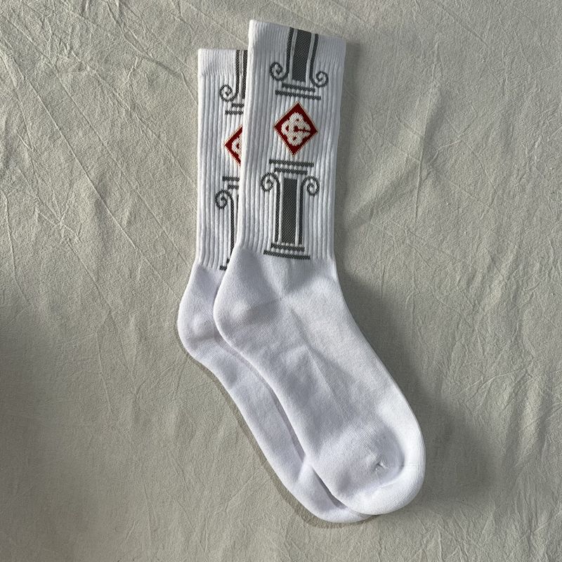 White Crew Socks with Column and Diamond Pattern