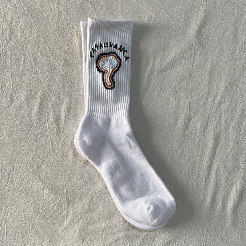 White Crew Socks with Mushroom Graphic