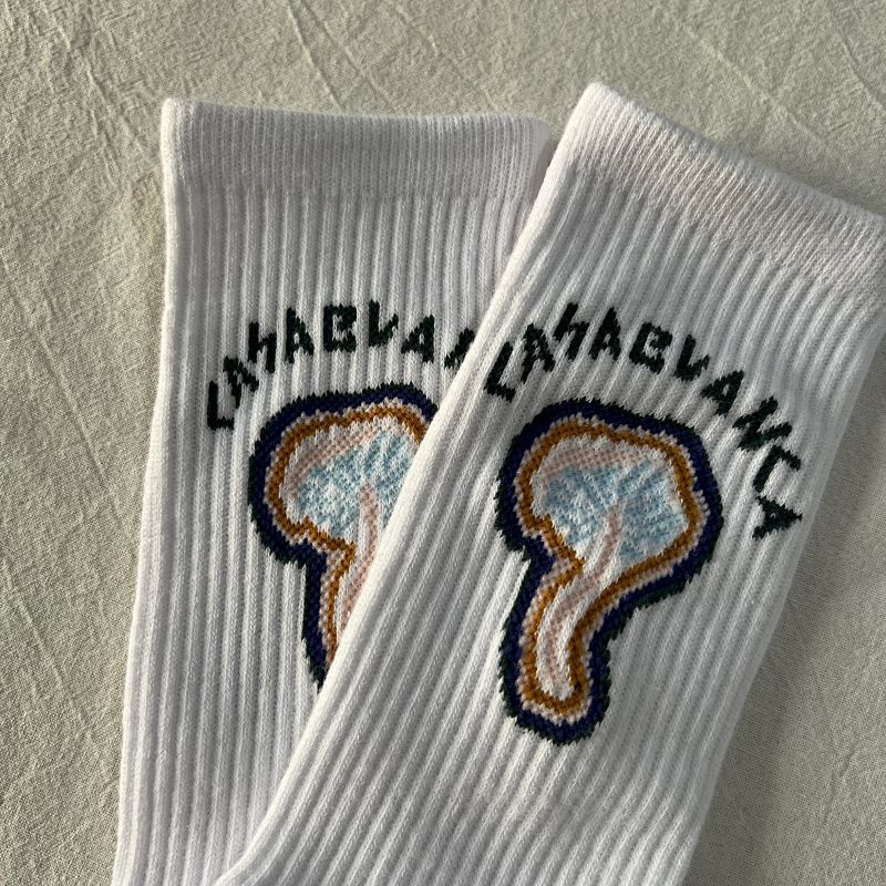 White Crew Socks with Mushroom Graphic