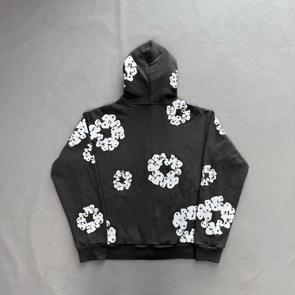 Rhinestone Cotton Wreath Zip Hoodie