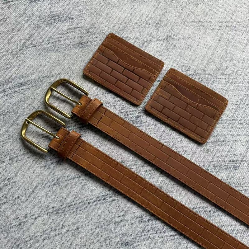 Unknown Brand Brick-Embossed Leather Belt - Tan/Cognac