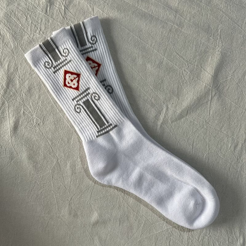 White Crew Socks with Column and Diamond Pattern