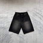 Black Washed Denim Shorts - Tiger/Sakura Embroidery
