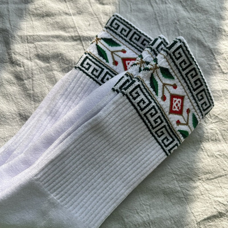 White Crew Socks with Ethnic Pattern Cuff