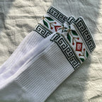 White Crew Socks with Ethnic Pattern Cuff