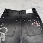 Black Washed Denim Shorts - Tiger/Sakura Embroidery