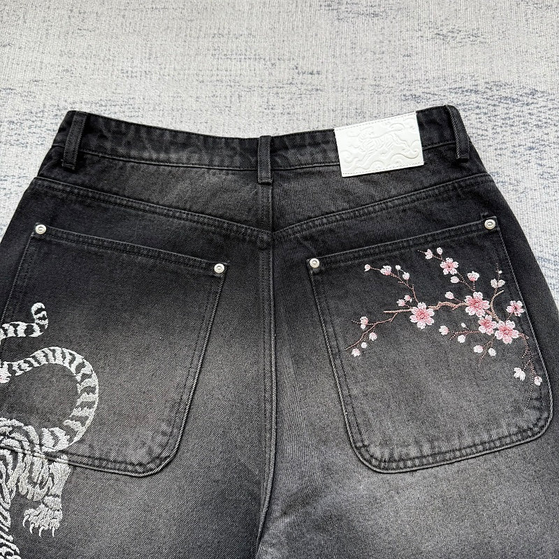 Unknown Brand Black Washed Denim Shorts - Tiger/Sakura Embroidery