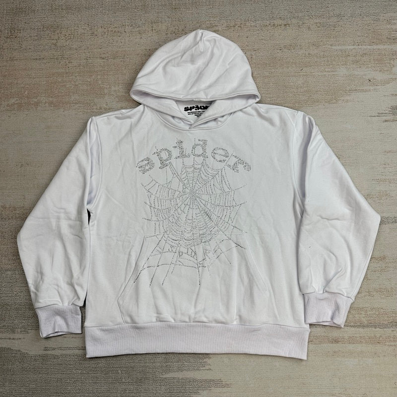 Sp5Der Rhinestone Logo Hoodie White