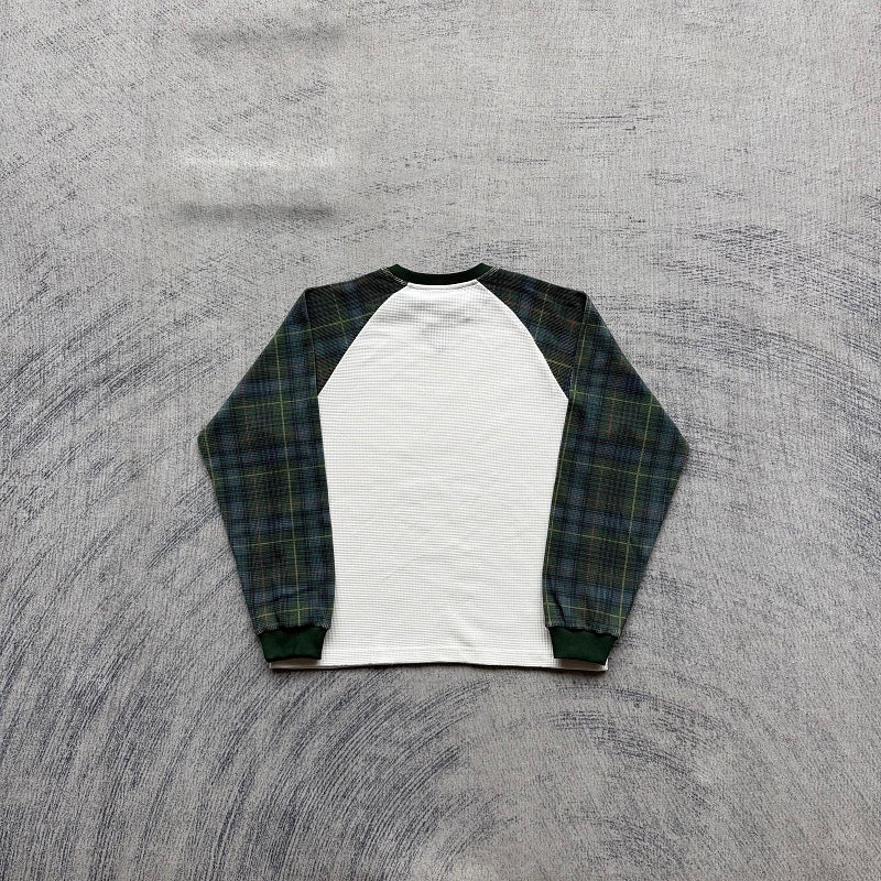 Unknown Brand Raglan Long Sleeve Thermal Shirt - White/Green Plaid