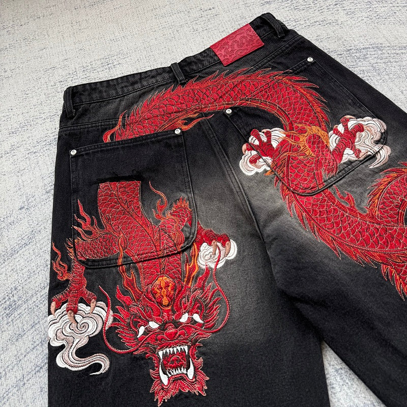 Unknown Brand Black Washed Denim Jeans - Red Dragon Embroidery